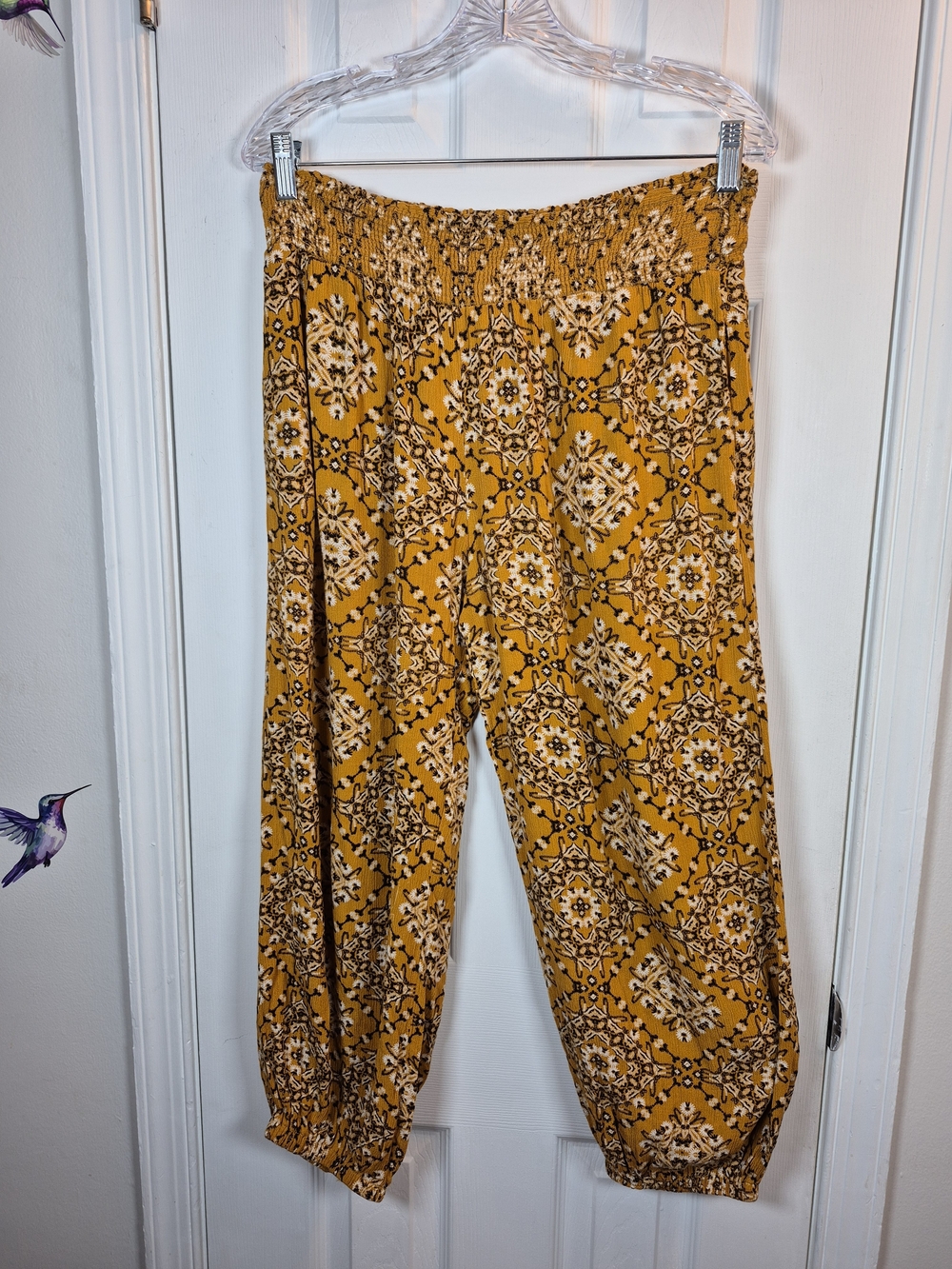 Maxine Nichols Mustard Yellow Boho Smocked Harem Pants Floral Medallion Joggers
